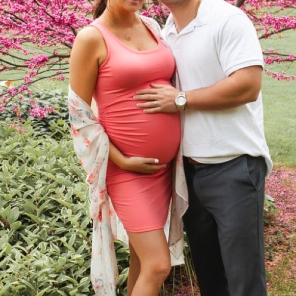 Coral ruched maternity dress